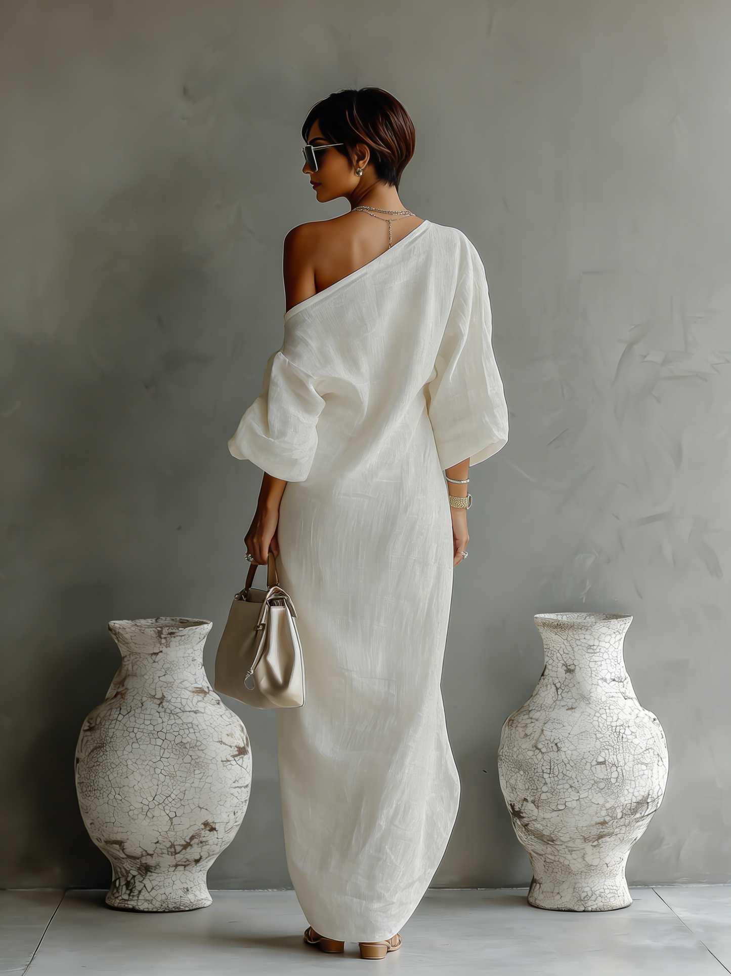 Robe Élegante Flottante en Blanc Ivoire avec Épaules Dénudées