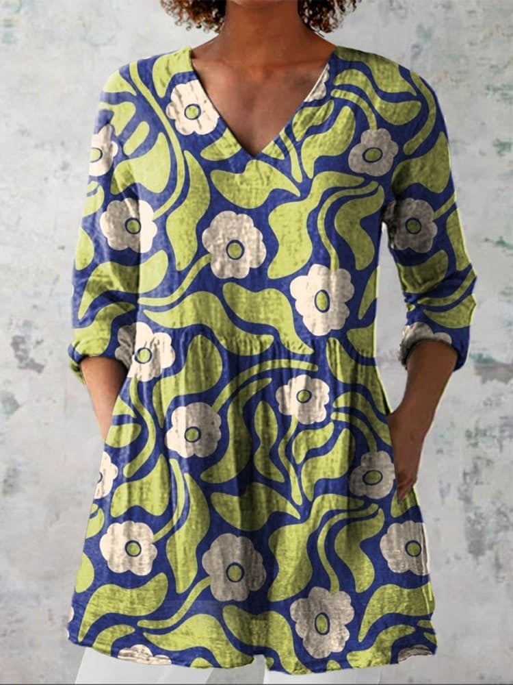 Chemise V en Lin Décontractée à Imprimé Floral Vintage pour Femmes