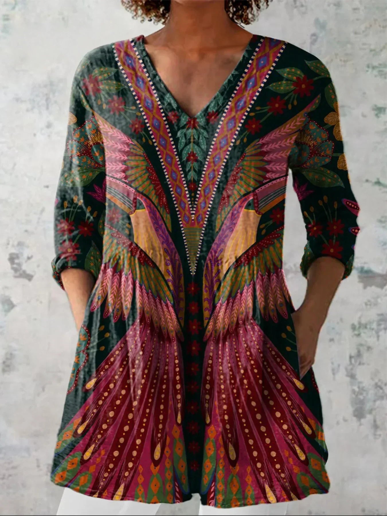 Chemise en Lin V-Cou Imprimée avec Motif Symétrique d'Oiseaux Tropicaux d'Été pour Femmes
