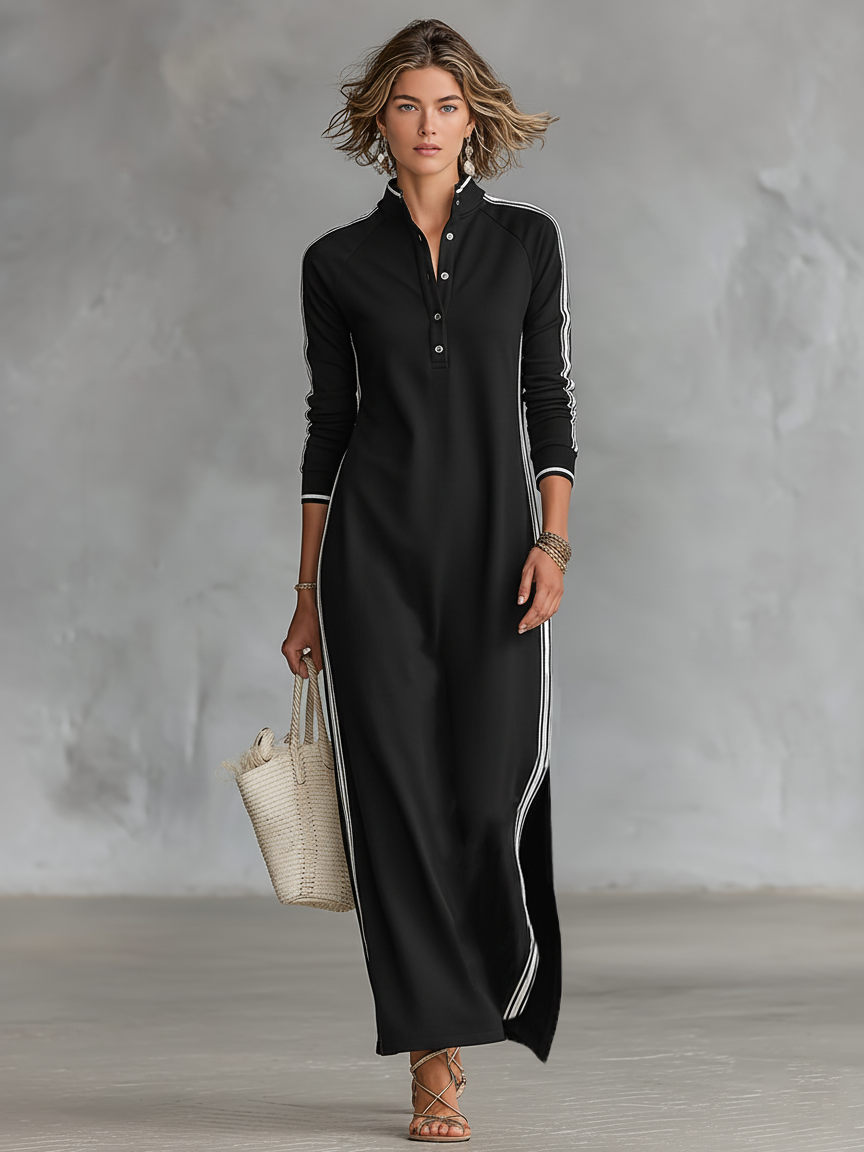 Robe Sweatshirt Maxi pour Femmes avec Col Boutonné et Détails Blancs