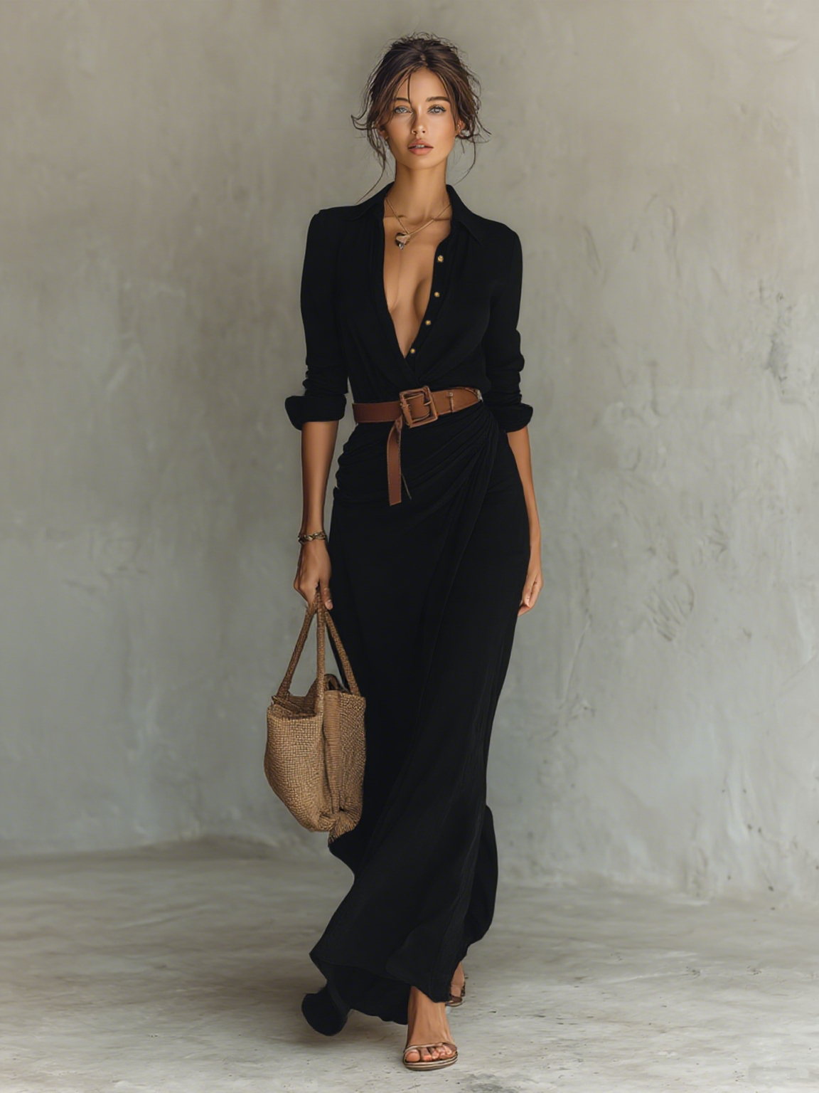 Robe Maxi Longue avec Col Noté et Manches Longues pour Femmes