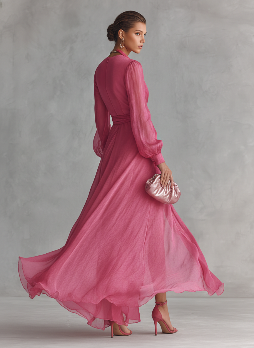 Robe Chiffon Rose Col V