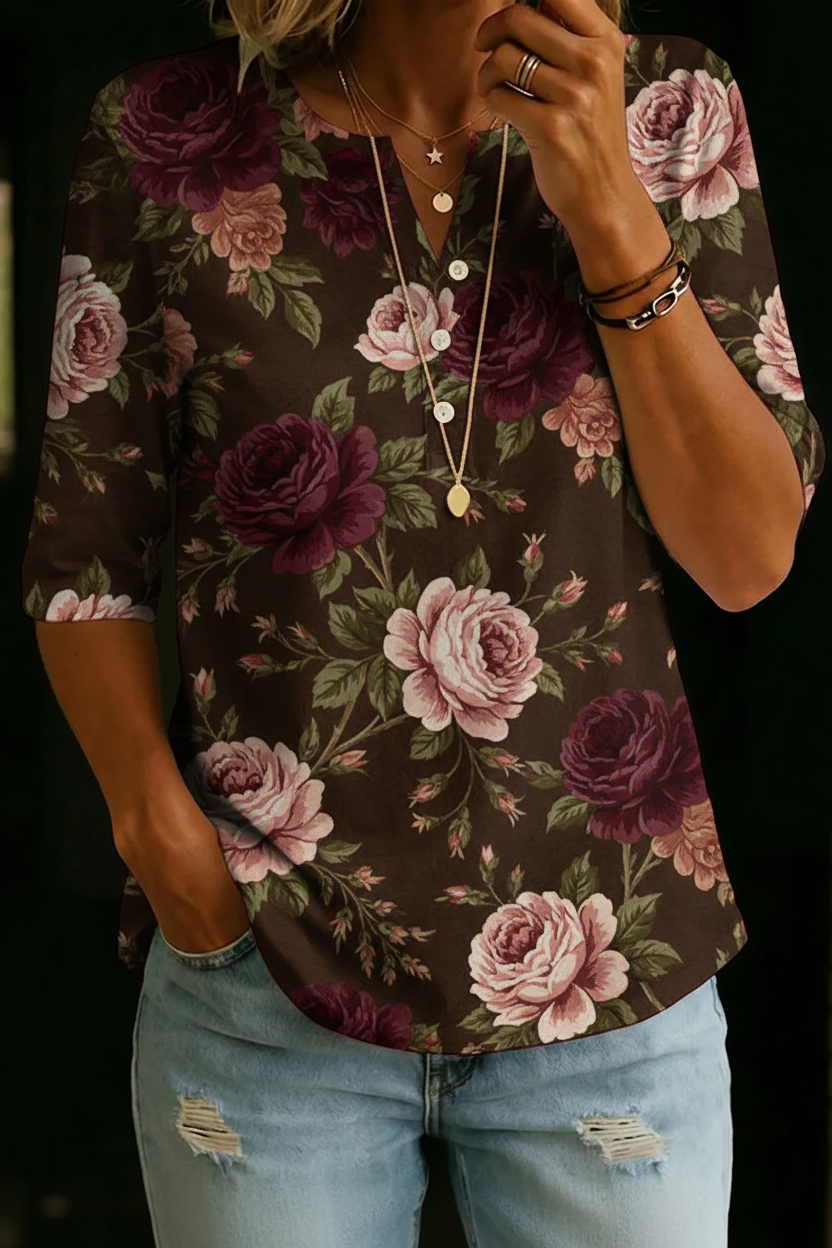 Haut Henley en Mélange de Coton à Imprimé Floral Rose Marron pour Femmes à Manches Mi-Longues