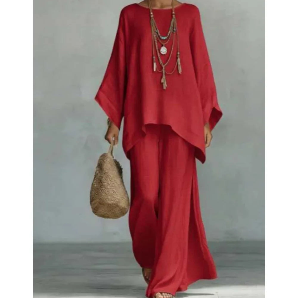 Lovina | Ensemble de pantalons larges à jambes longues en lin avec manches longues
