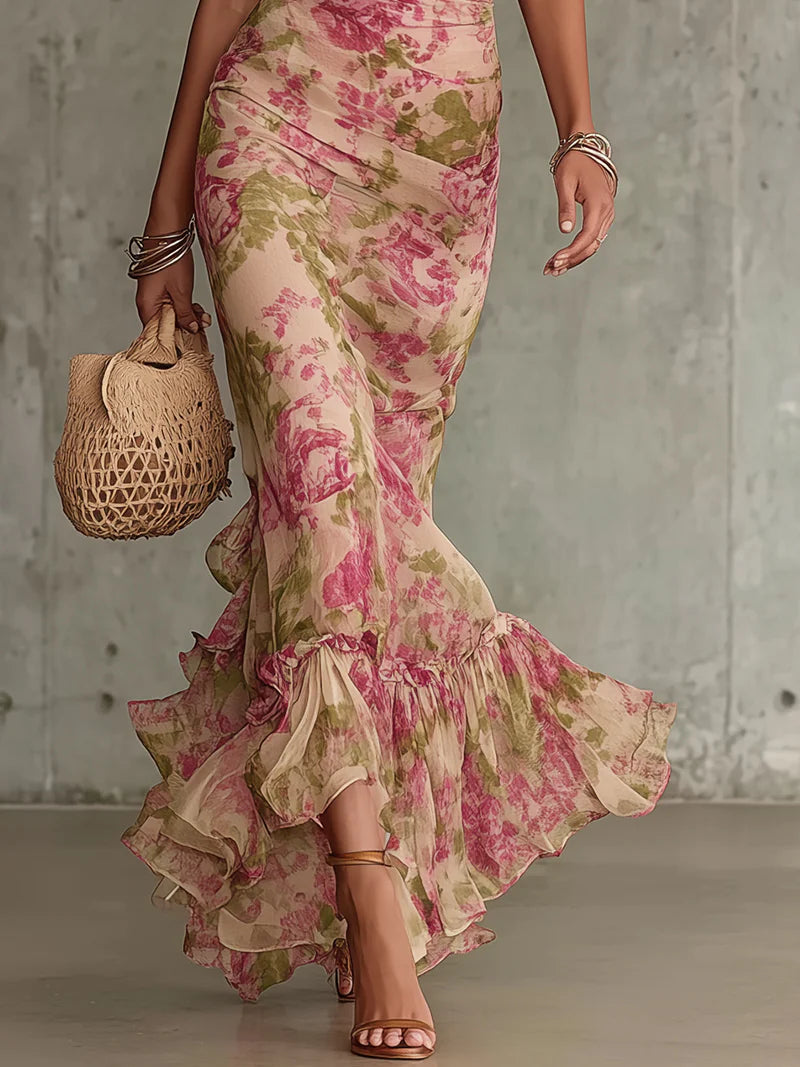 Mae | Robe Maxi à Manches Bouffantes Imprimée Rose Vintage