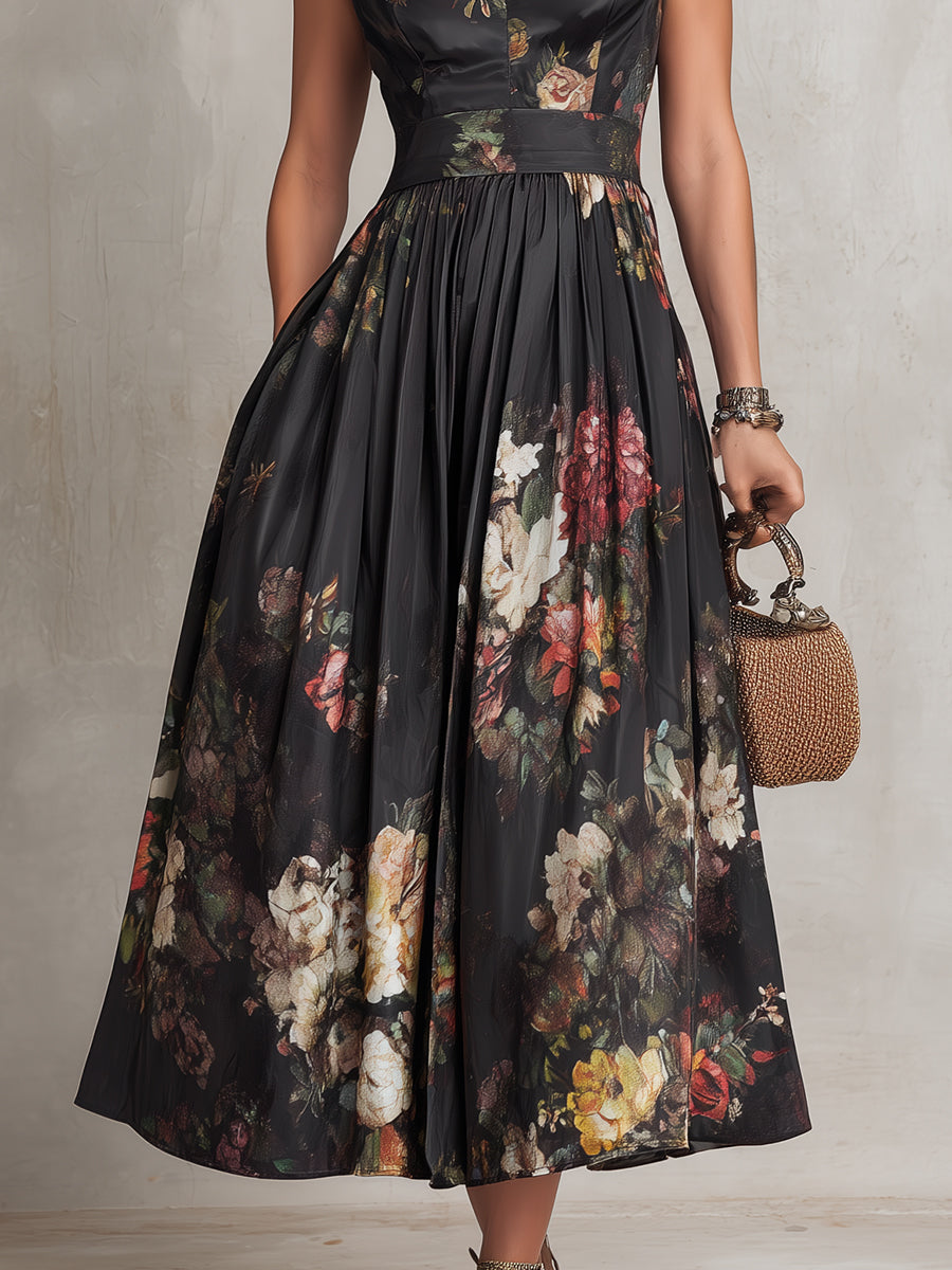Patricia | Robe Midi Plissée Satin Noir à Fleurs