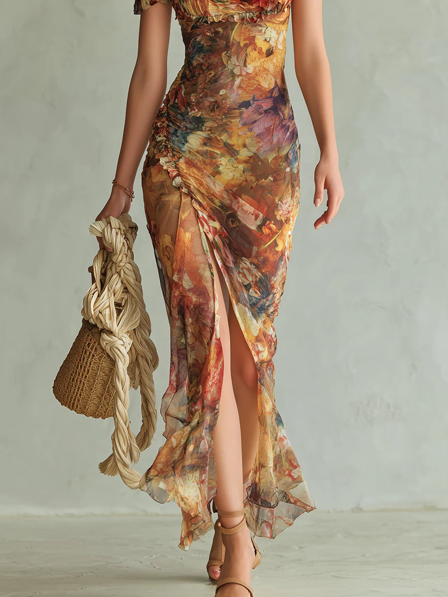 Viola | Robe longue en chiffon orange avec imprimé de peinture à l'huile de style bohème