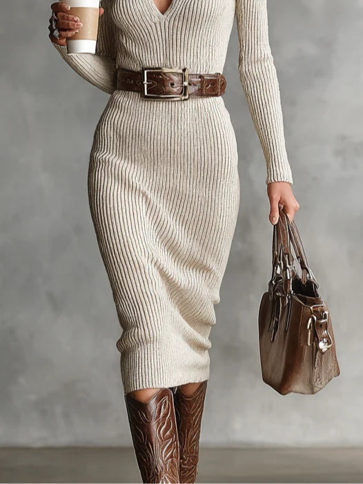 Gabriela | Robe Midi en Tricot avec Ceinture et Col Montant