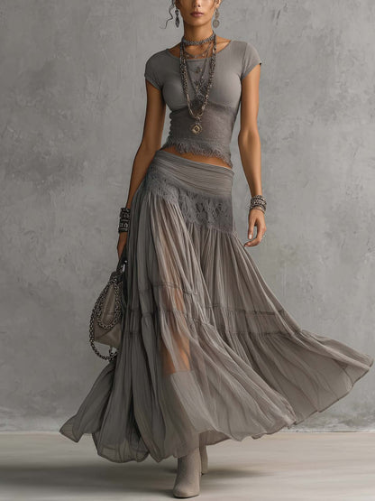 Ensemble Top en Dentelle et Jupe Maxi Plissée Elena