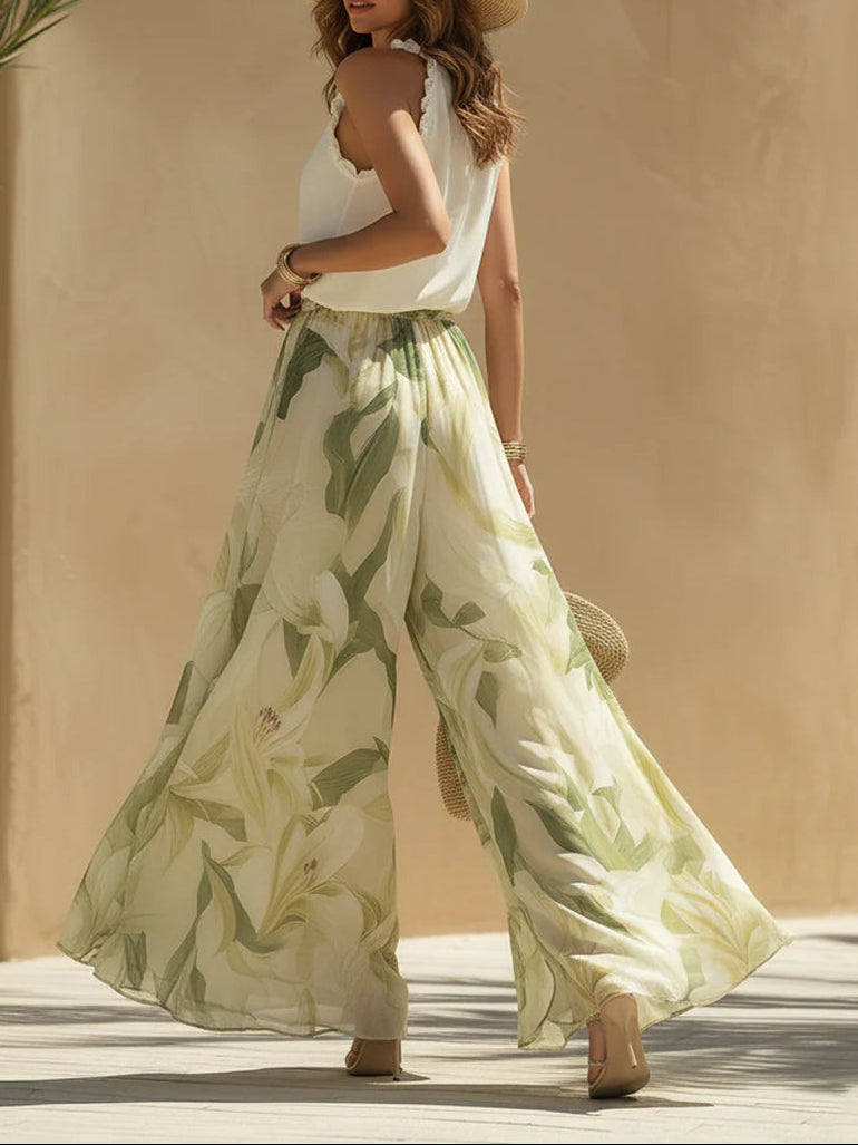 Alessandra - Haut sans manches en chiffon avec volants et pantalon imprimé lys