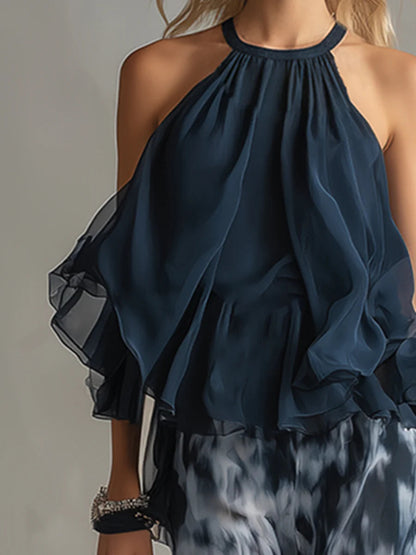 Ensemble Haut à Col Halter et Pantalons Amples Imprimés