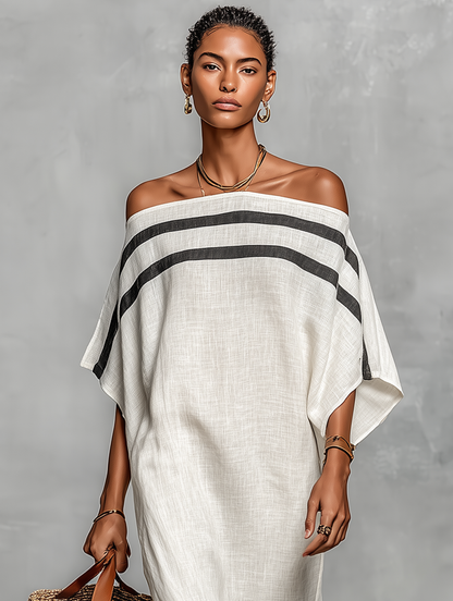 Robe Maxi Minimaliste pour Femmes avec Encolure Bardot et Manches Chauve-Souris