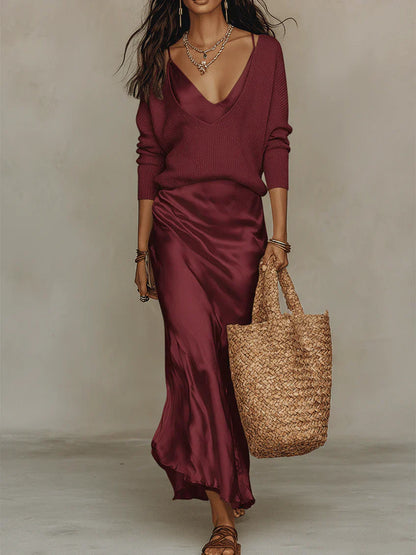 Teagan™ | Robe Maxi Élégante Col V Manches Longues