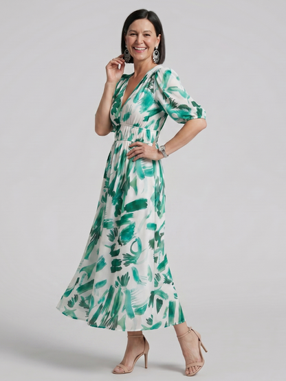 Candlia | Robe Midi à Manches Bouffantes et Imprimé Abstrait en V
