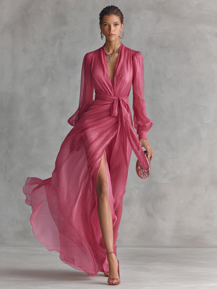 Robe Chiffon Rose Col V