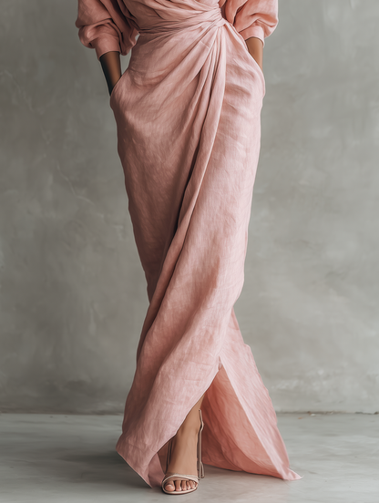 Robe Maxi Minimaliste Rose avec Décolleté en V pour Femmes