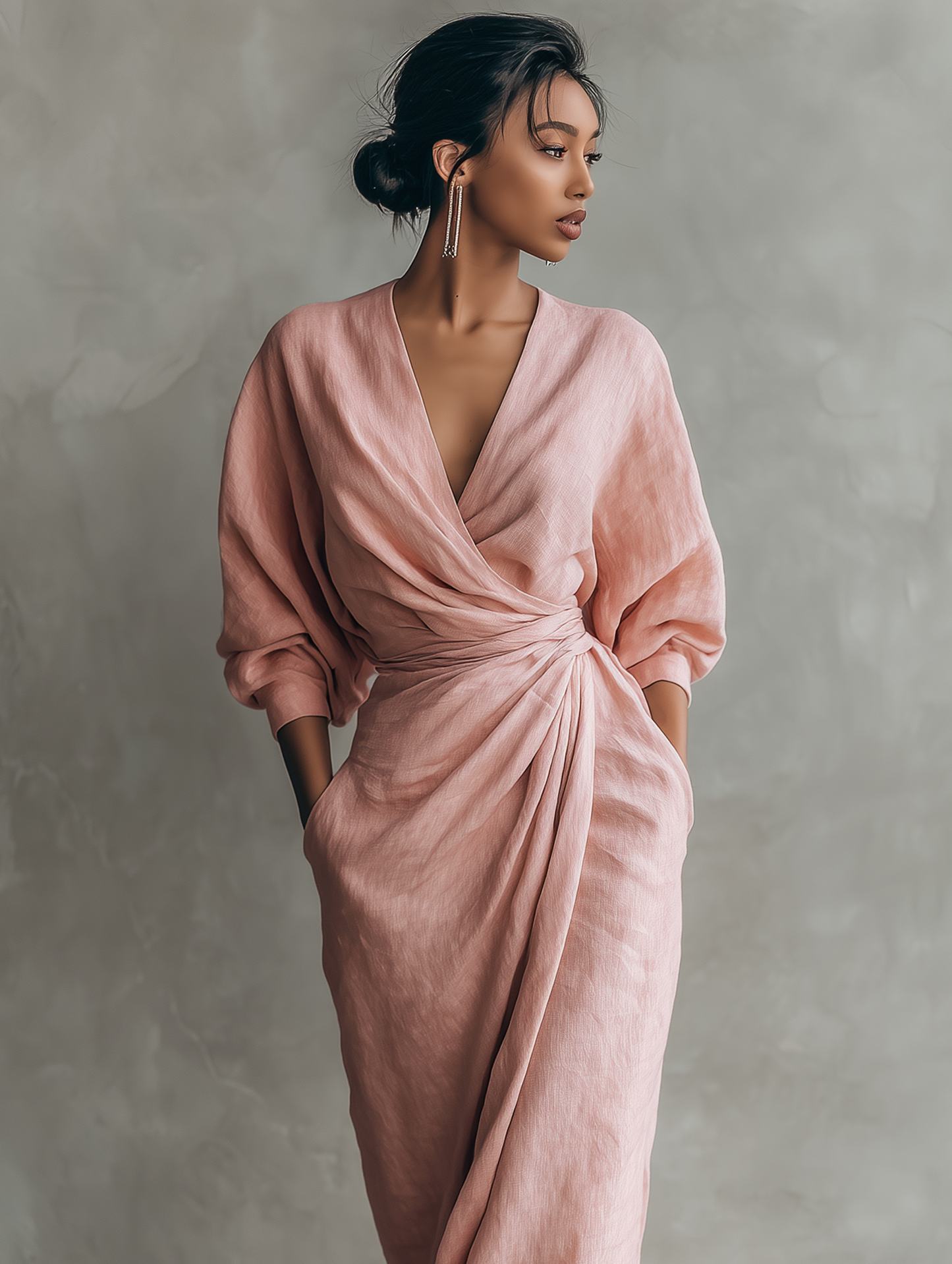 Robe Maxi en Lin Rose V-Cou