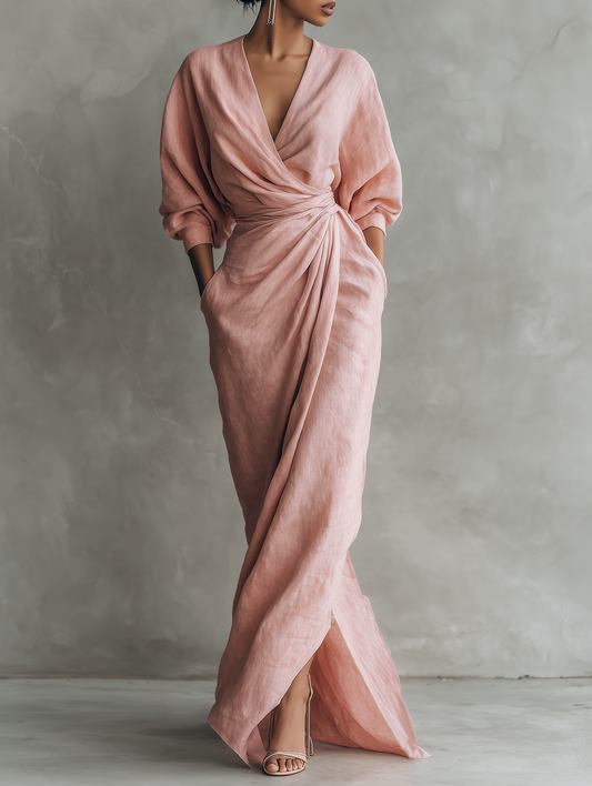 Robe Maxi en Lin Rose V-Cou