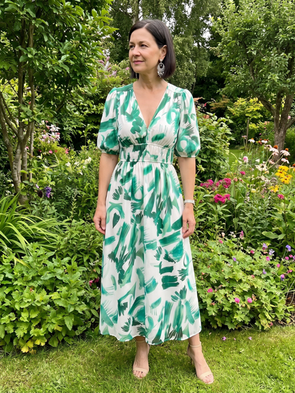 Candlia | Robe Midi à Manches Bouffantes et Imprimé Abstrait en V