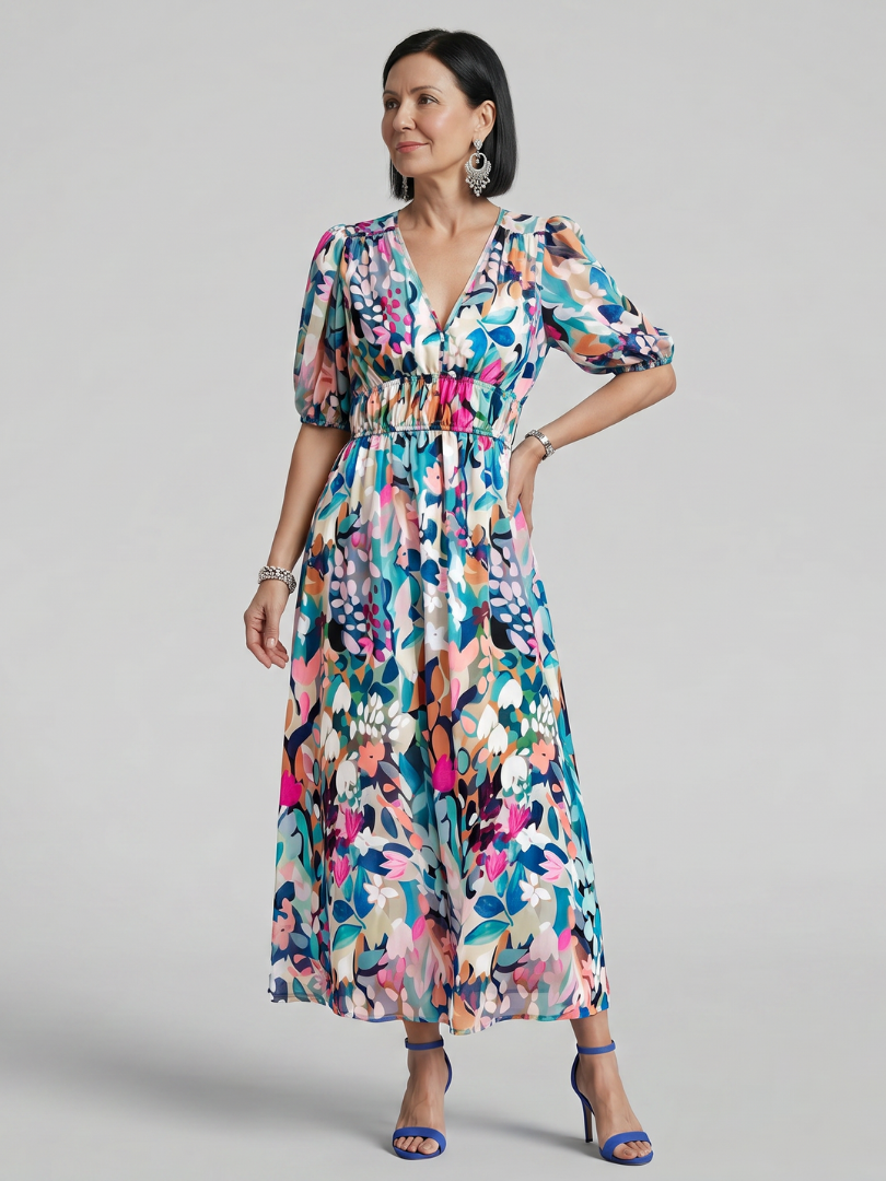 Candlia | Abstract Print Puff Sleeve Midi Dress