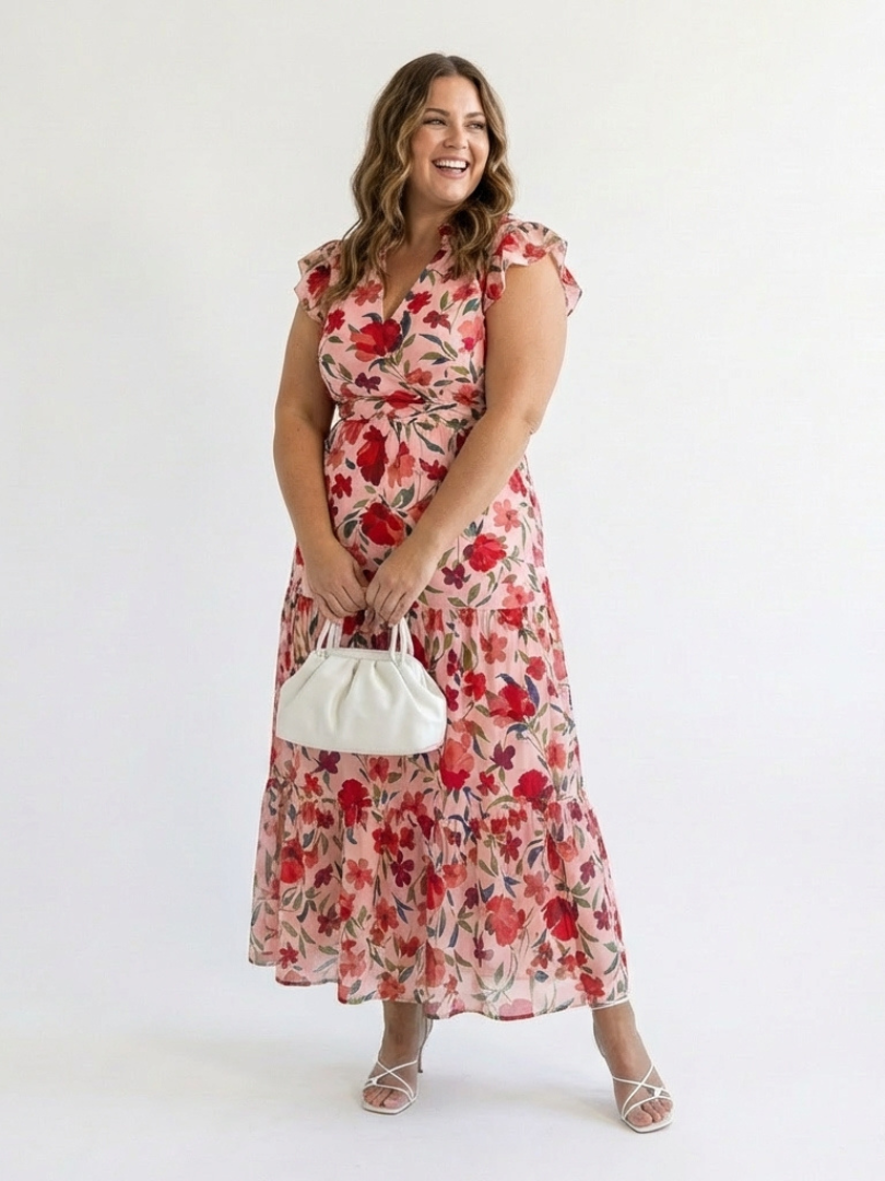 Lila | Robe midi à volants et décolleté en V fleuri