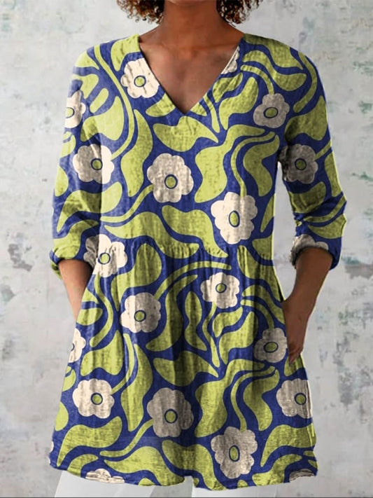 Chemise V en Lin Décontractée à Imprimé Floral Vintage pour Femmes