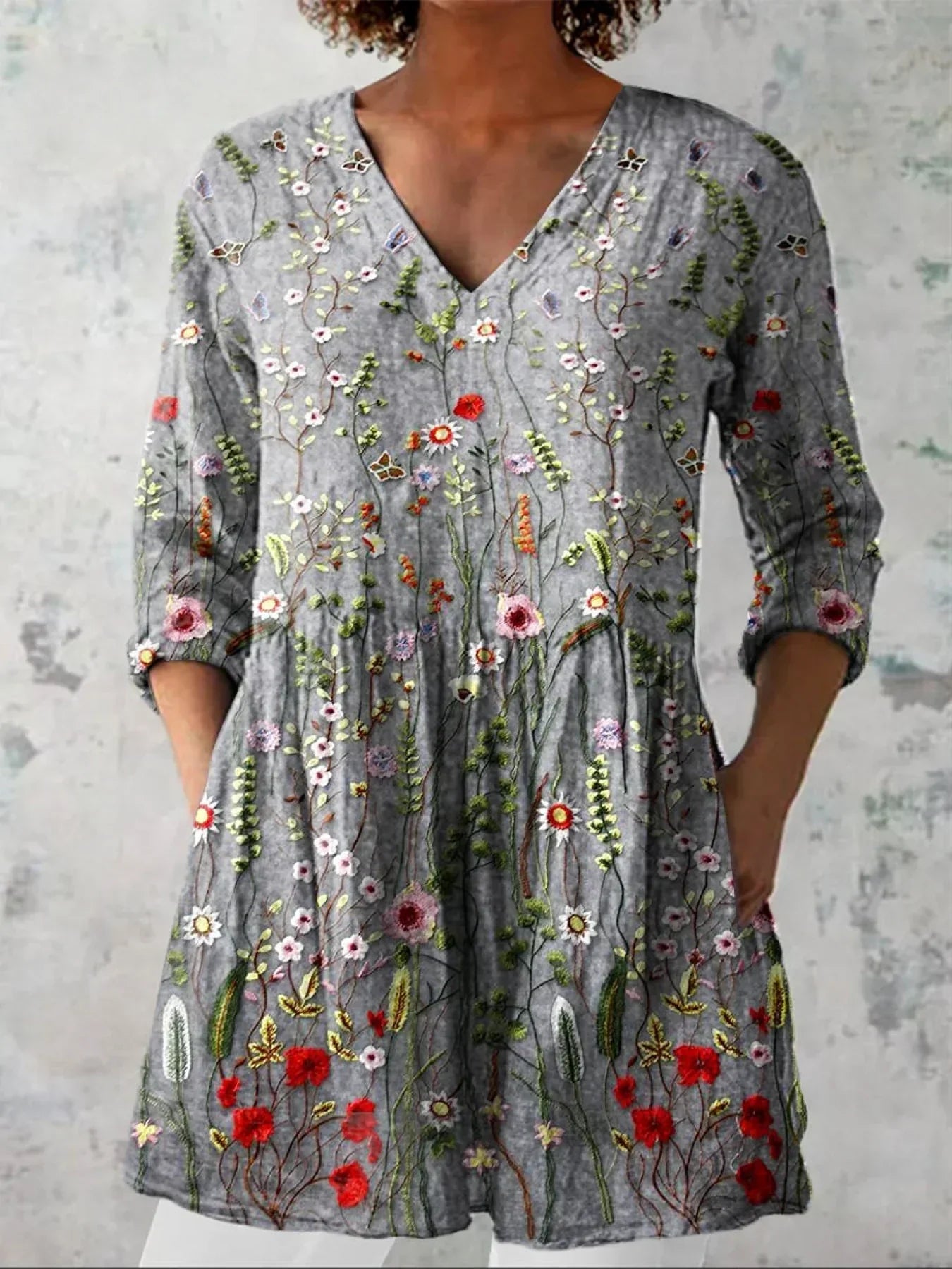 Chemise V en coton lin décontractée imprimée florale vintage pour femmes