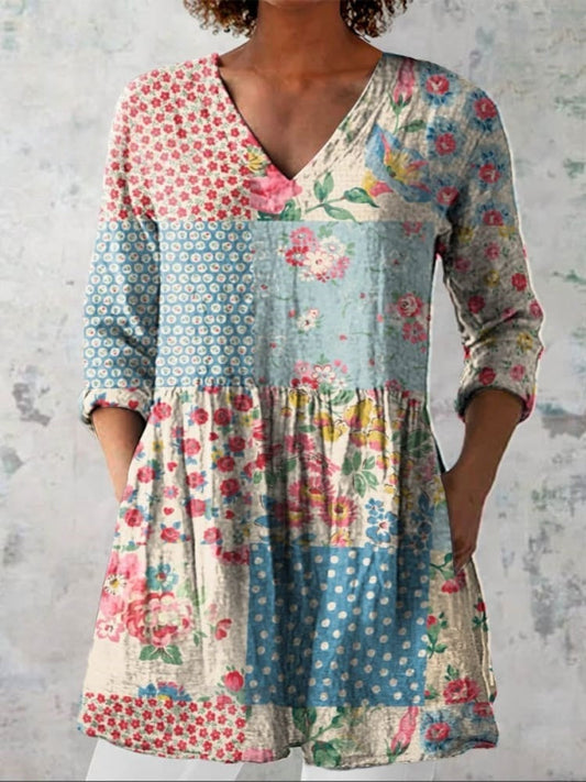 Chemise V-neck en coton lin décontractée avec imprimé floral vintage