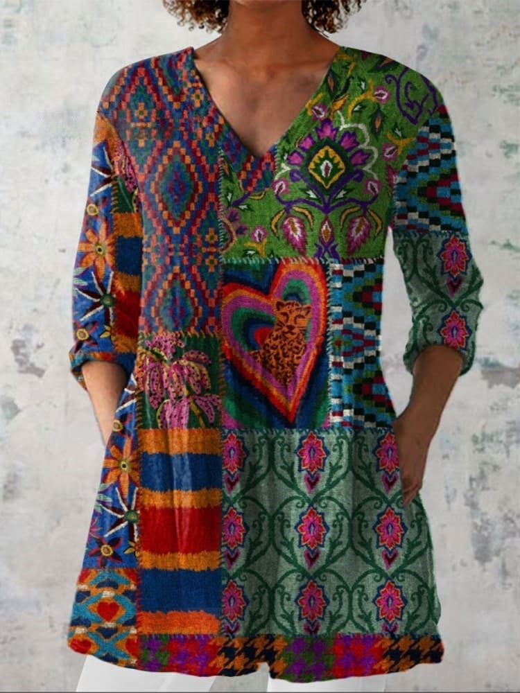 T-shirt en lin décontracté à col en V avec impression florale bohème pour femmes