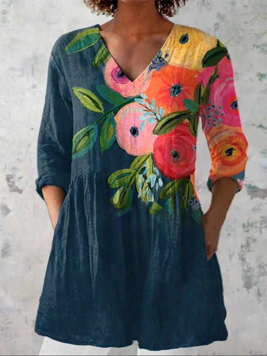 Chemise en lin décontractée à imprimé floral vintage pour femmes