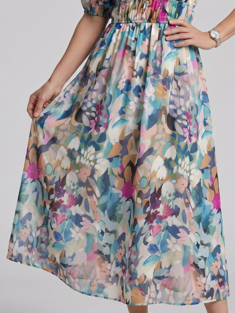 Candlia | Abstract Print Puff Sleeve Midi Dress