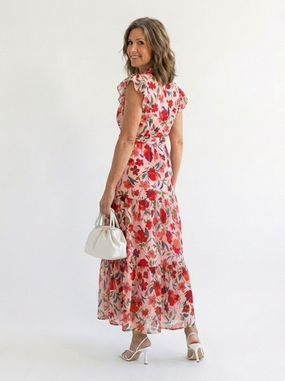 Lila | Robe midi à volants et décolleté en V fleuri