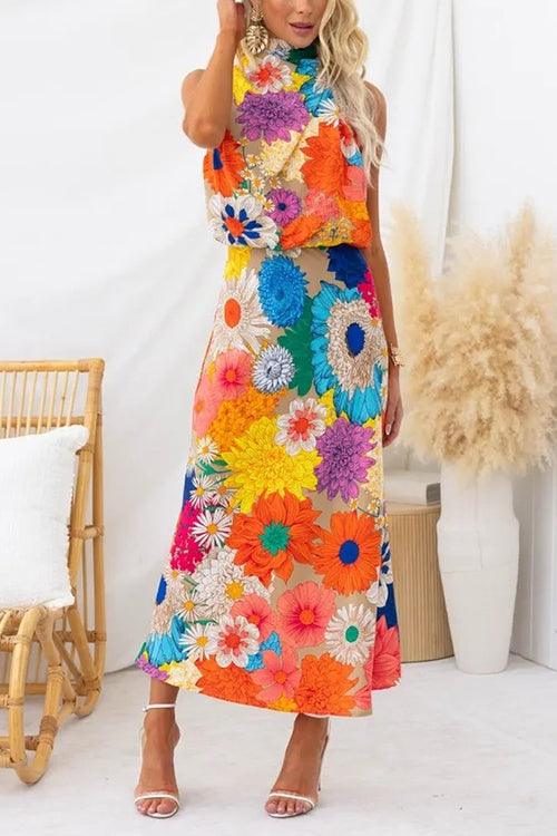 Été | Robe Maxi à Imprimé Floral sans Manches avec Nœud à la Taille