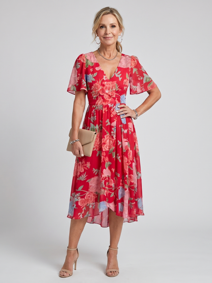 Mirabel | Robe midi à manches volantes et taille froncée avec imprimé floral