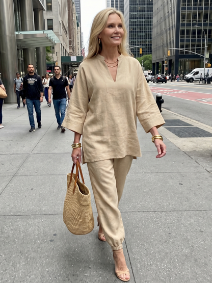 Georgiana | Ensemble Tunique V Col et Pantalon Froncé
