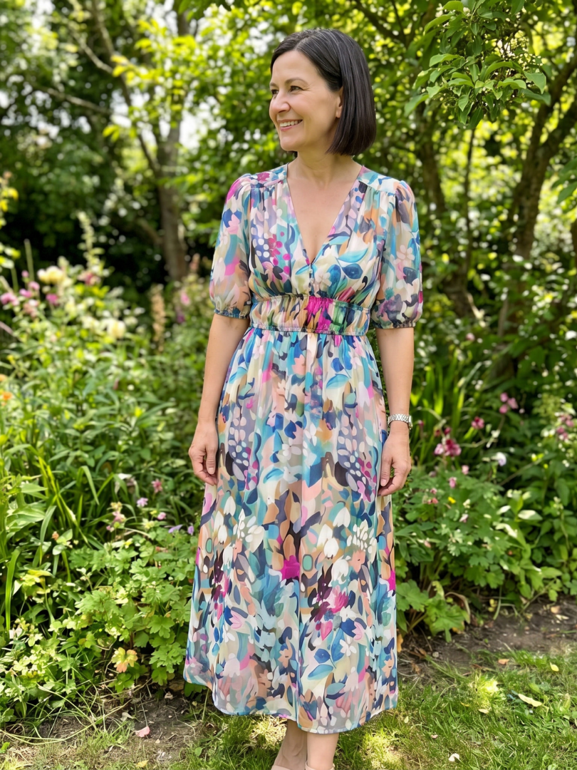 Candlia | Abstract Print Puff Sleeve Midi Dress