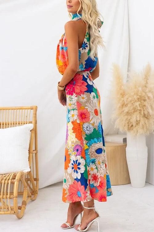 Été | Robe Maxi à Imprimé Floral sans Manches avec Nœud à la Taille
