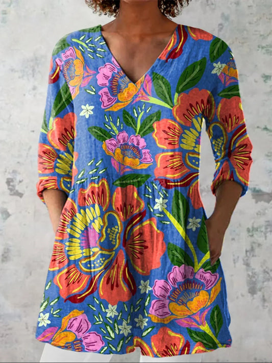 Chemise V-Cou en Lin Imprimée avec Motif Floral Tropical d'Été pour Femmes
