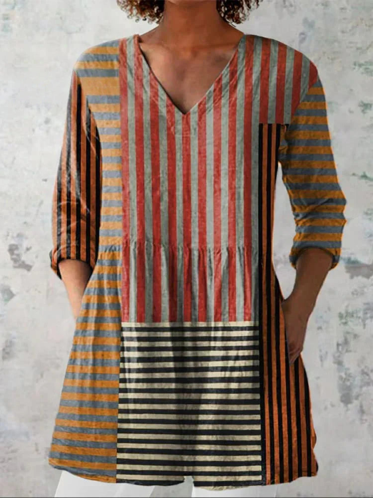 Chemise en Lin à Col V Imprimée Motif Patchwork pour Femmes