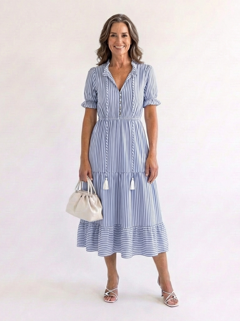 Dakota | Robe midi à manches courtes à rayures en couches