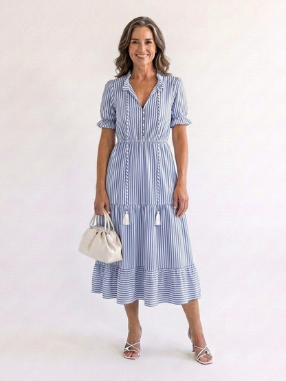 Dakota | Robe midi à manches courtes à rayures en couches