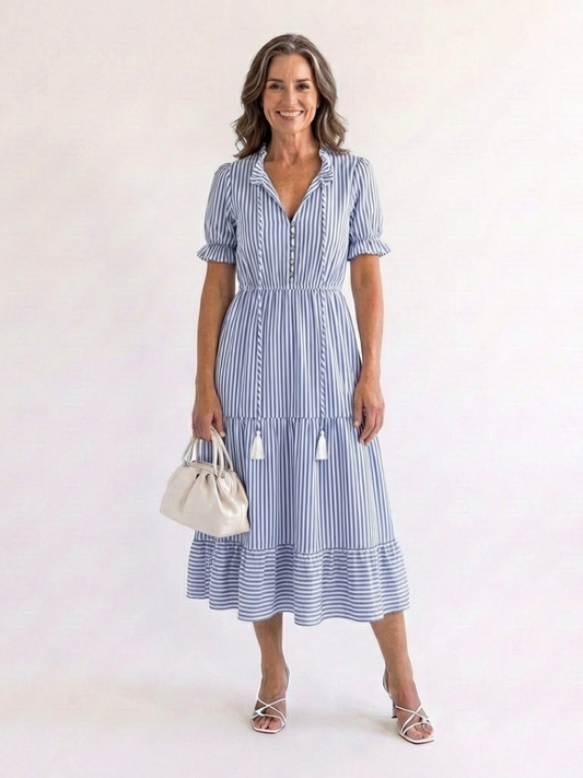 Dakota | Robe midi à manches courtes à rayures en couches
