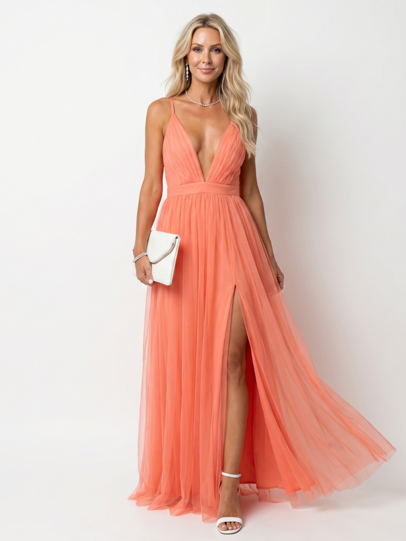 Tia | Pleated Deep V-Neck Maxi Dress