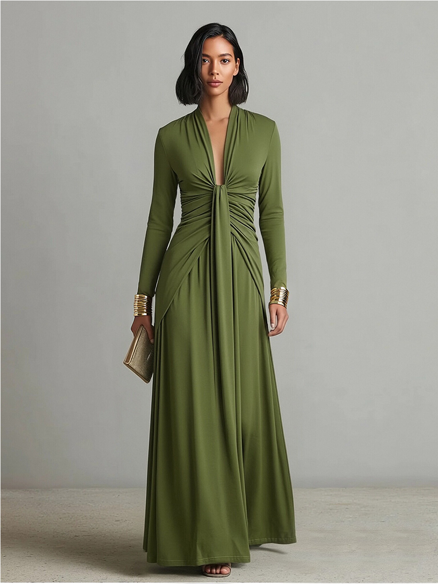 Robe longue vert olive en soie stretch avec décolleté en V profond et détails volantés, robe maxi glamour