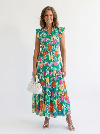Lila | Robe midi à volants et décolleté en V fleuri