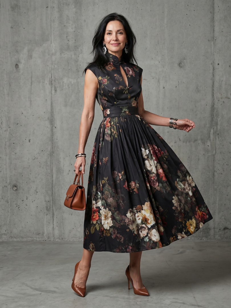 Greta | Robe Midi Plissée à Encolure Haute et Découpe Florale