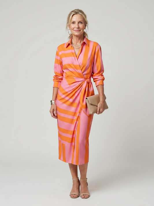 Leya | Robe midi à manches longues et col, motif rayé
