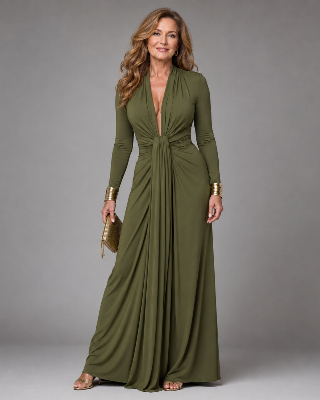 Vimmer | Robe Maxi à Col V Profond Drapée à Manches Longues
