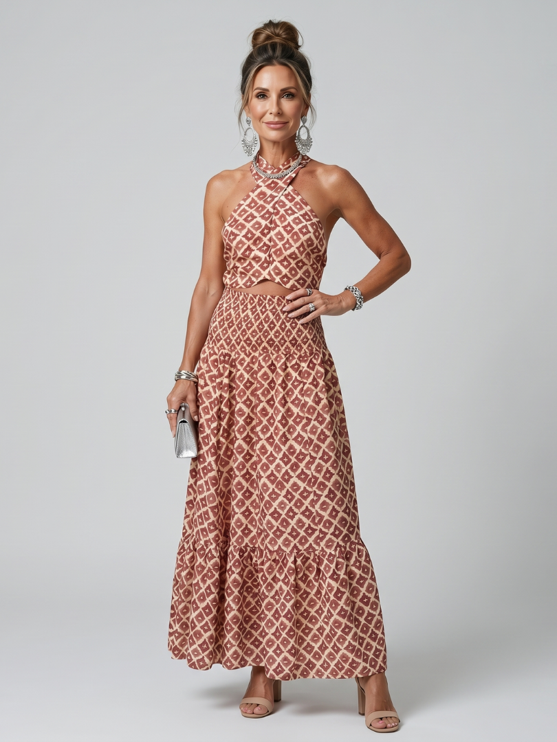 Amira | Geometric Print Cut-Out Midi Dress