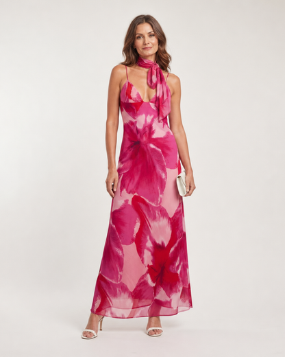 Najem | Robe Midi Sans Manches Imprimée Aquarelle Décolleté Profond